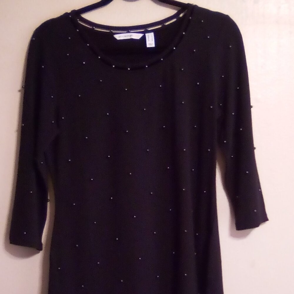 Black Beaded Mid-Sleeve Soft Cotton Blouse
